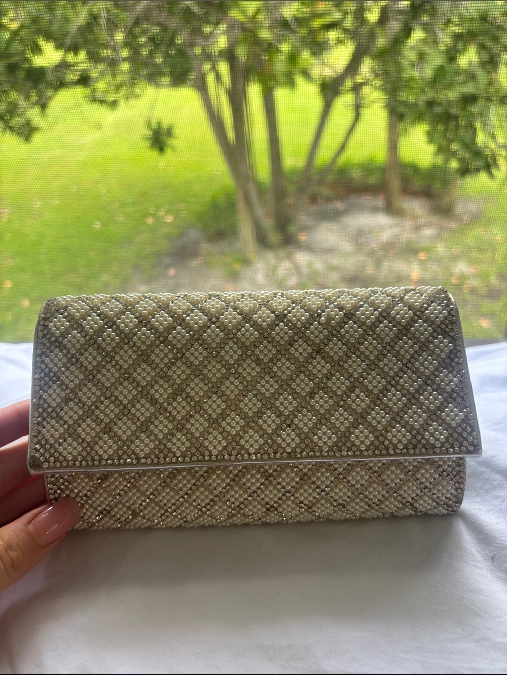 Pearl & Crystal-Embellished Silver Evening Clutch